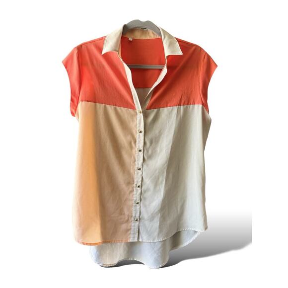 Fabrika Colorblock Blouse Women’s LG Orange Beige Short Sleeve Button Front Top - Picture 1 of 5
